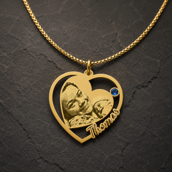Gouden hart hanger met foto en geboortesteen