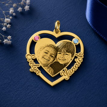 Gouden hart hanger met foto en geboortestenen