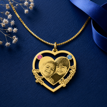 Gouden hart hanger met foto en geboortestenen