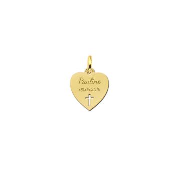 Gouden hart hanger met kruis - communie met naamgravure