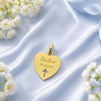 Gouden hart hanger met kruis - communie met naamgravure