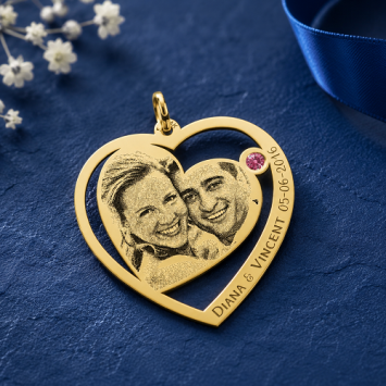 Gouden hartjes hanger met foto en geboortesteen
