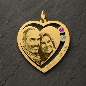 Gouden hartjes hanger met foto en geboortestenen