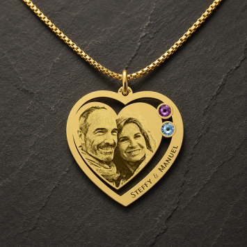 Gouden hartjes hanger met foto en geboortestenen
