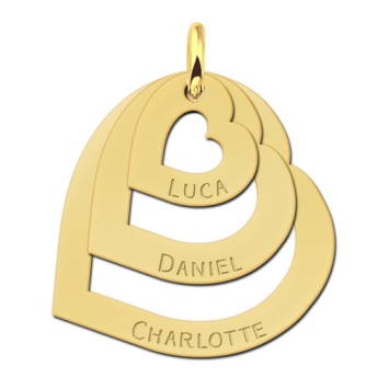 Gouden ketting hanger drie losse harten en namen