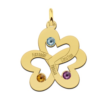 Ketting hanger drie harten verbonden met geboortestenen en namen