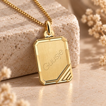 Gouden ketting hanger rechthoek met hoekdesign 14x18mm