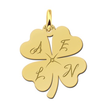 Gouden klavertje vier hanger met letters graveren