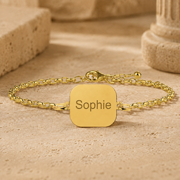 Gouden schakel armband met vingerafdruk op rechthoek met afgeronde hoeken