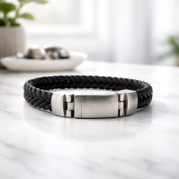 Zwart leren armband met RVS design magneetslot sfeerbeeld buitenzijde