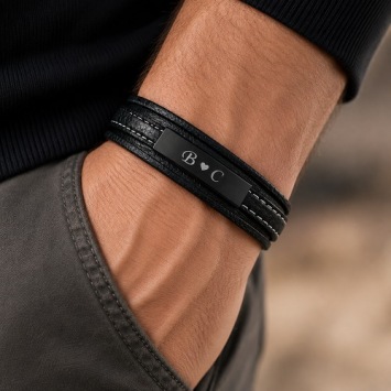Lederen armband met vier banden en zwarte plaat