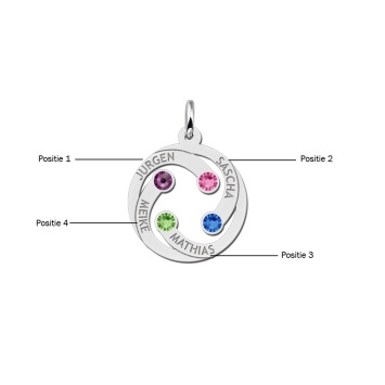 Ronde hanger met 1, 2, 3, 4 namen geboortestenen zilver