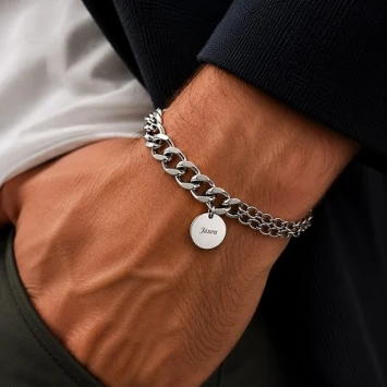 RVS armband met een enkele grove schakel en een dubbele smalle schakel met ronde bedel