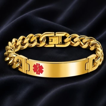 Goudkleurige RVS SOS schakelarmband met plaat en gravure