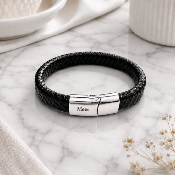 Stalen armband met gevlochten leer