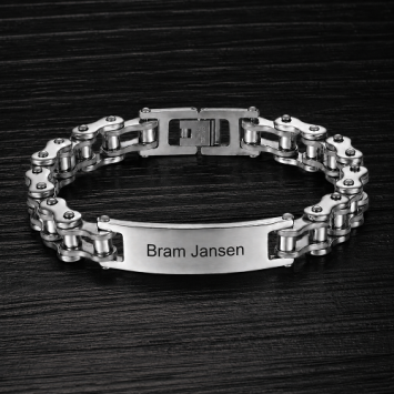 RVS schakelarmband met fietskettinglook en graveerplaat