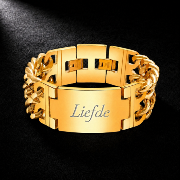 Stoere brede stalen armband in goud kleur met plaat