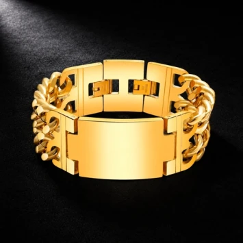 Stoere brede goudkleurige stalen armband met graveerplaat