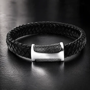 Strak gevlochten leren armband met magneetsluiting