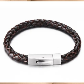 Rond gevlochten bruin leren armband