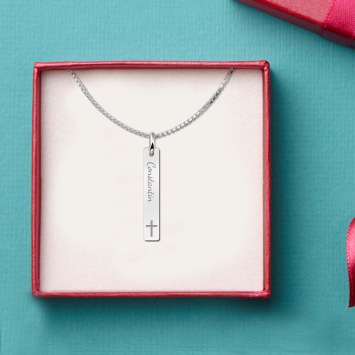 Gepersonaliseerde Zilveren Communie Bar Hanger met Kruis