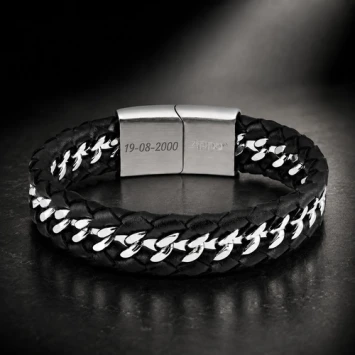 Zippo gevlochten armband leer/staal