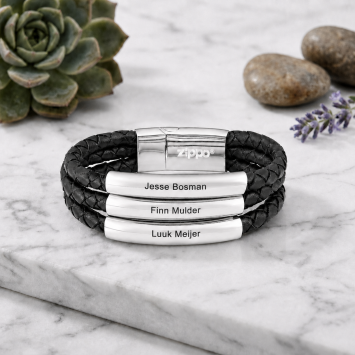 Zippo Lederen zwart armband met 3 banden