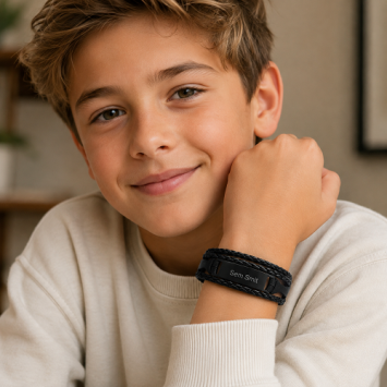 Zwart leren armband met 4 banden en zwarte plaat