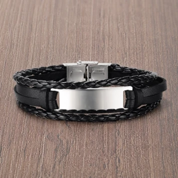 Zwart leren armband met 4 banden en RVS plaat