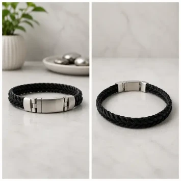 Zwart leren armband met RVS design magneetslot