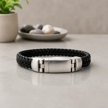 Zwart leren armband met RVS design magneetslot