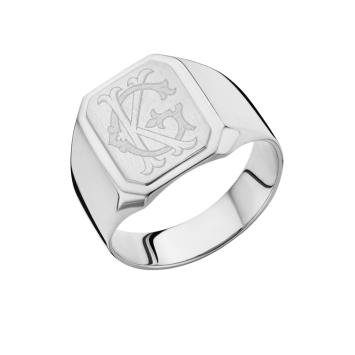Rechthoekige zilveren ring met verhoogde zegel met monogram